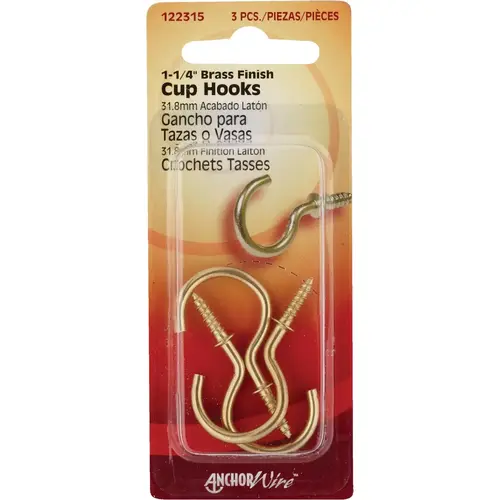 Hillman 122315 Anchor Wire 1-1/4 In. Brass Large Cup Hook (3 Count)
