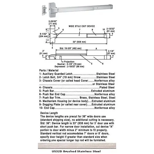 International Door Closers 8610F/8810F-US32D-36 Grade 1 Fire Rated Push Bar Rim Panic Exit Device US32D Finish 36" Satin Stainless Steel