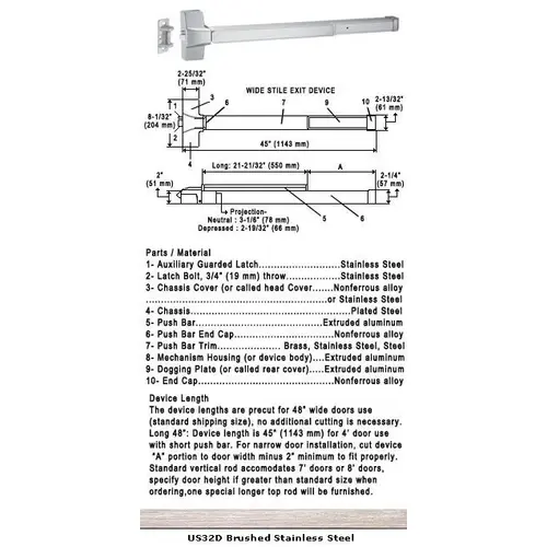 International Door Closers 8610S/8810S-US32D-48 Grade 1 Push Bar Rim Panic Exit Device US32D Finish 48" Satin Stainless Steel