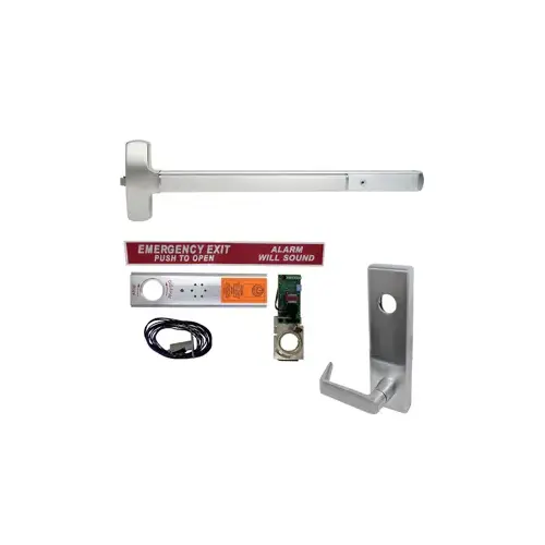 Falcon Lock EA-F25R-L-NL-QUA-US26D-36-LHR KIT - Exit Alarm, Fire Rated Rim Exit Device, Escutcheon x Quantum Lever Nightlatch Trim 510L-NL, 36", Less Dogging, LHR Left Hand Reverse/Reversible, Grade 1, US26D/626 Satin Chrome