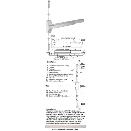 International Door Closers 8630F/8830F-US32D-48 Grade 1 Fire Rated Surface Rod Panic Exit Device US32D Finish 48" Satin Stainless Steel