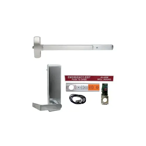 Falcon Lock EA-F25R-L-BE-DAN-US26D-36-LHR KIT - Exit Alarm, Fire Rated SVR Surface Vertical Rod Exit Device, Escutcheon x Quantum Lever Trim 510L, 36" x 96", Less Dogging, LHR Left Hand Reverse/Reversible, Grade 1, US26D/626 Satin Chrome