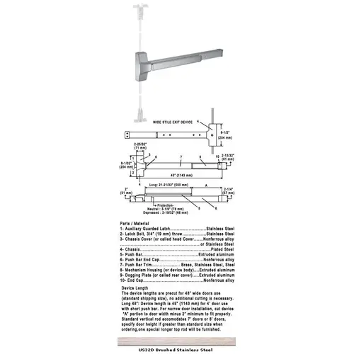 International Door Closers 8550F/8750F-US32D-48 Grade 1 Fire Rated CVR Panic Exit Device US32D Finish 48" Satin Stainless Steel