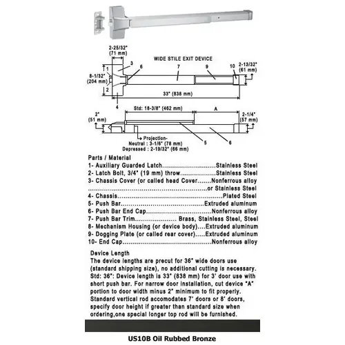 International Door Closers 8610S/8810S-US10B-36 Grade 1 Push Bar Rim Panic Exit Device US10B Finish 36" Dark Oxidized Satin Bronze