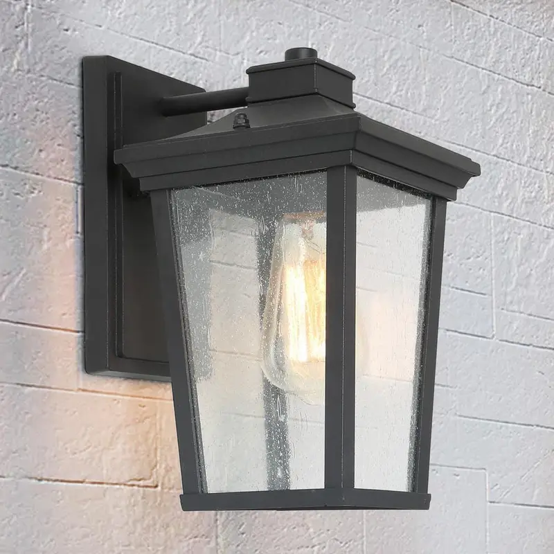 1-Light Black 11 in. H Square Patio LED Decorative Outdoor Metal Caged Wall Lantern Seeded Glass Sconceeach