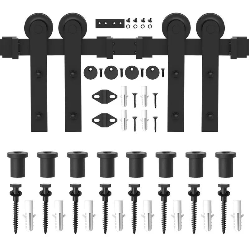 11 ft./132 in. Frosted Black Strap Sliding Barn Door Track Hardware Kit for Double Wood Doors Non-Routed Floor Guide
