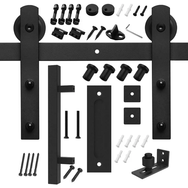 5 ft./60 in. Black Steel Straight Strap Sliding Barn Door Track and Hardware Kit with 12 in. Square Handle & Floor Guide