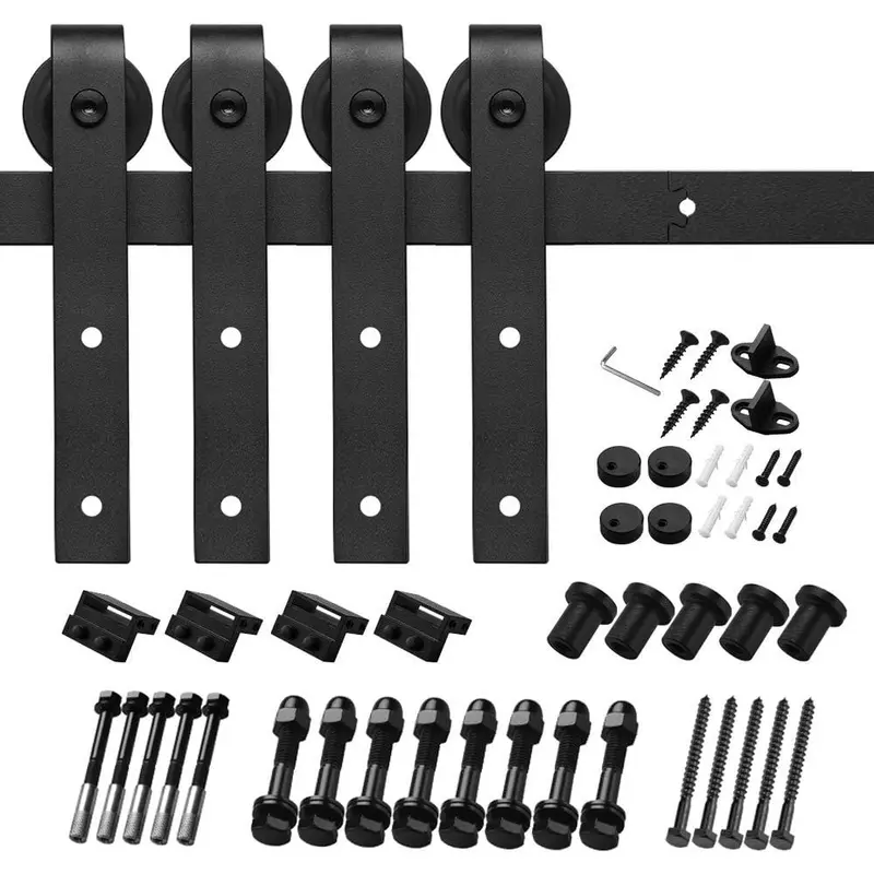 8 ft./96 in. Black Steel Sliding Barn Door Track and Hardware Kit for Double Doors with Floor Guides (J-Shape Hanger)