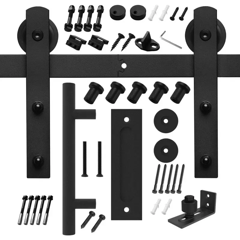 8 ft./96 in. Black Steel Straight Sliding Barn Door Track and Hardware Kit with 12 in. Square Handle and Floor Guide