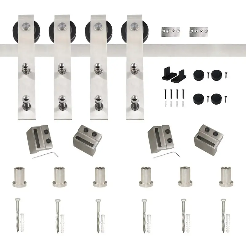 8 ft. /96 in. Stainless Steel Flat Rail Bent Strap Barn Door Hardware Kit for Double Wood Doors Non-Routed Floor Guide