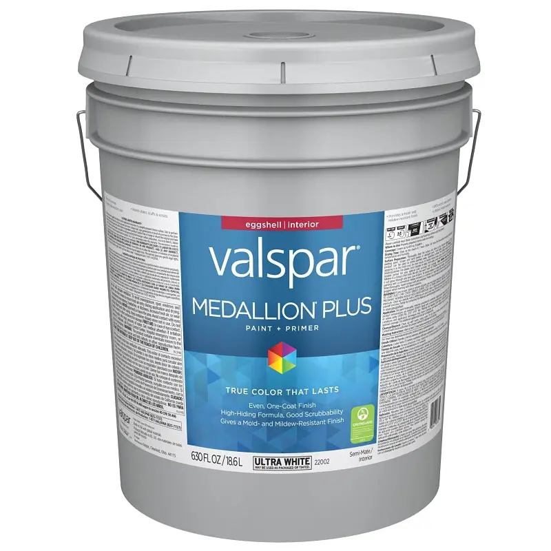 Valspar Medallion Plus 2200 028.0022002.008 Latex Paint, Acrylic Base, Eggshell Sheen, Ultra White Base, 5 gal