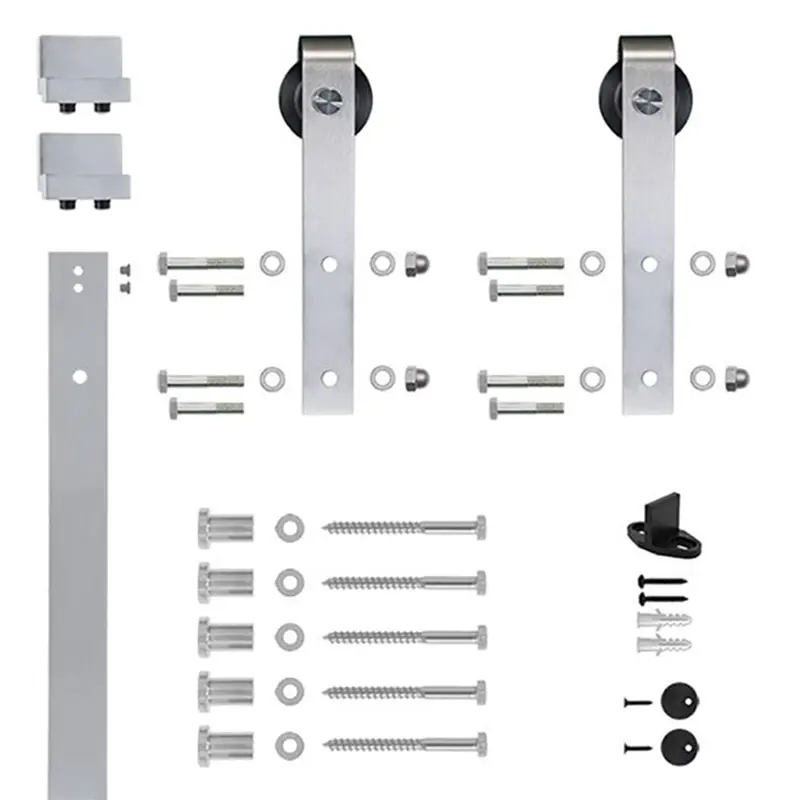 96 in. Satin Nickel Hook Strap Rolling Door Hardware Kit for Wood Door