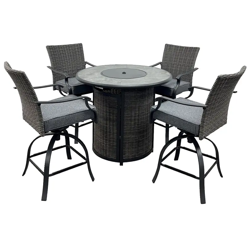 Seasonal Trends SH23S0880P Willow Creek Patio Bar Set w/Firepit Table, Cushion/Steel/Tile/Wicker, Charcoal/Gray