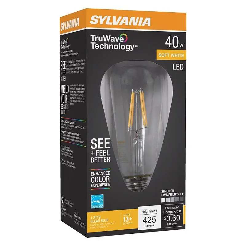 Sylvania 40771 Natural LED Bulb, Decorative, ST19 Lamp, 40 W Equivalent, E26 Lamp Base, Dimmable, Clear