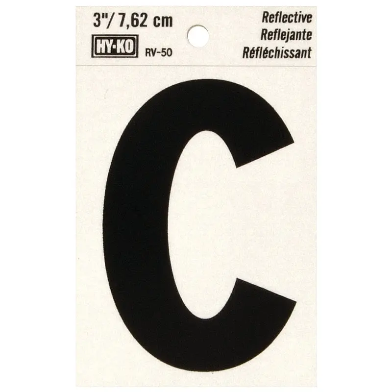 Hy-Ko RV-50/C Reflective Letter, Character: C, 3 in H Character, Black Character, Silver Background, Vinyl
