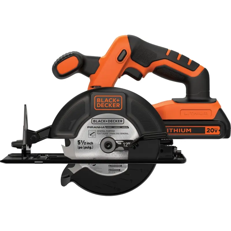 Black Decker BDCCS20C Circular Saw Kit, Battery Included, 20 V, 1.5 Ah, 5-1/2 in Dia Blade, 45 deg Bevel