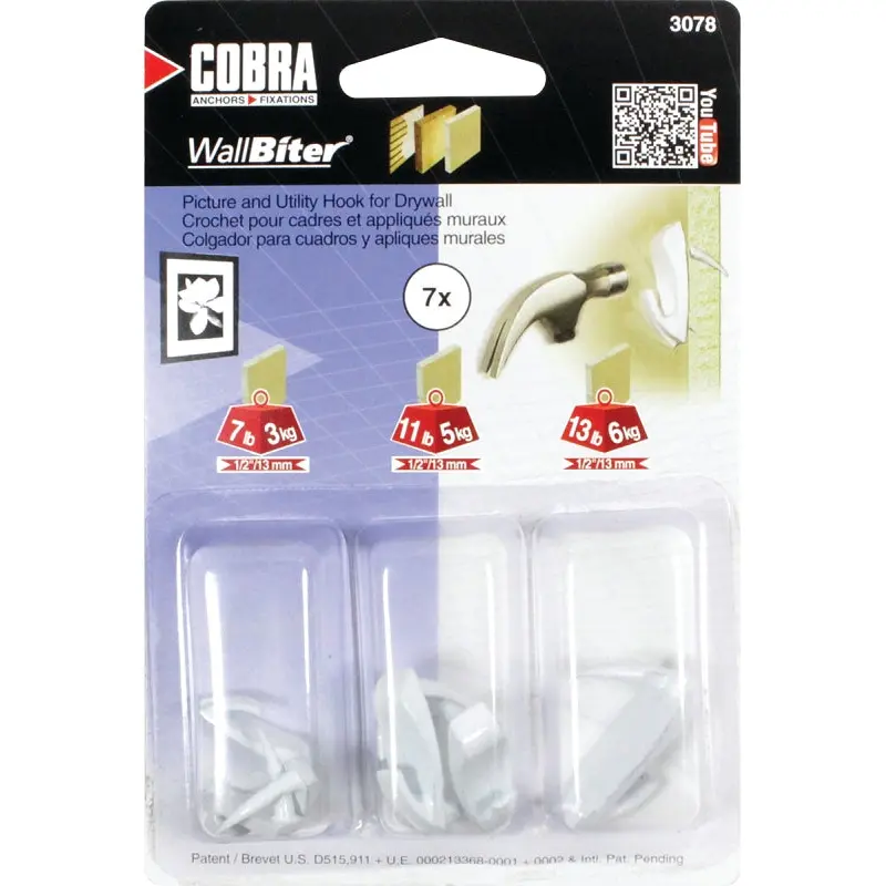Cobra Anchors WallBiter 3078 Picture Hook, 13 lb, White