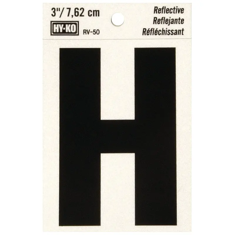 Hy-Ko RV-50/H Reflective Letter, Character: H, 3 in H Character, Black Character, Silver Background, Vinyl