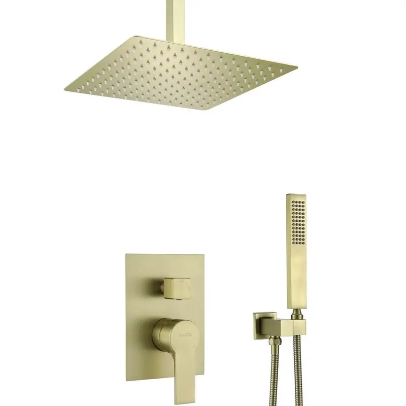 1-Spray Patterns with 2.38 GPM 12 in. Ceiling Mount Dual Shower Heads with Rough-In Valve Body and Trim in Brushed Gold