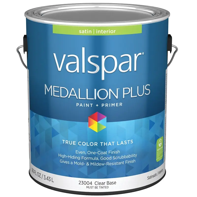 Valspar Medallion Plus 2300 028.0023004.007 Latex Paint, Acrylic Base, Satin Sheen, Clear Base, 1 gal, Plastic Can