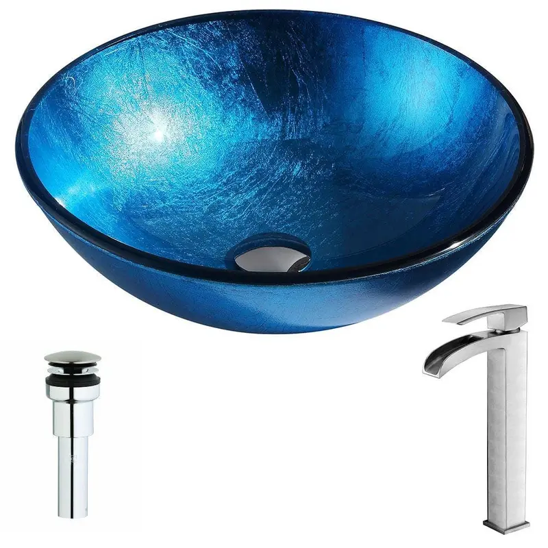 Arc Series Deco-Glass Vessel Sink in Lustrous Light Blue with Key Faucet in Brushed NickelBlue / Chrome / 36.96