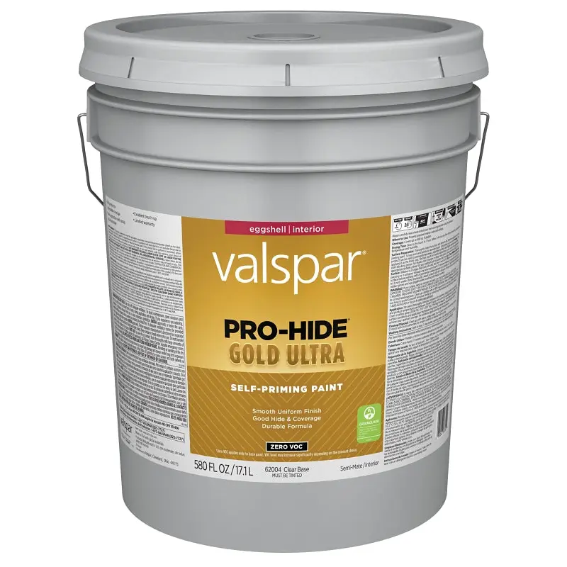 Valspar Pro-Hide Gold Ultra 6200 028.0062004.008 Latex Paint, Acrylic Base, Eggshell, Clear Base, 5 gal