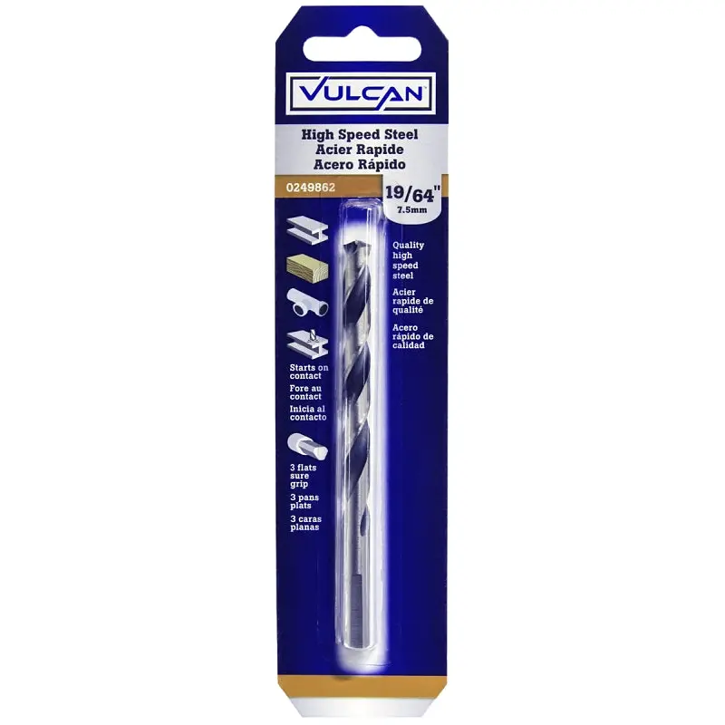 Vulcan Jobber Drill Bit, 19/64 in Dia, 4-3/8 in OAL, 3-Flat Shank