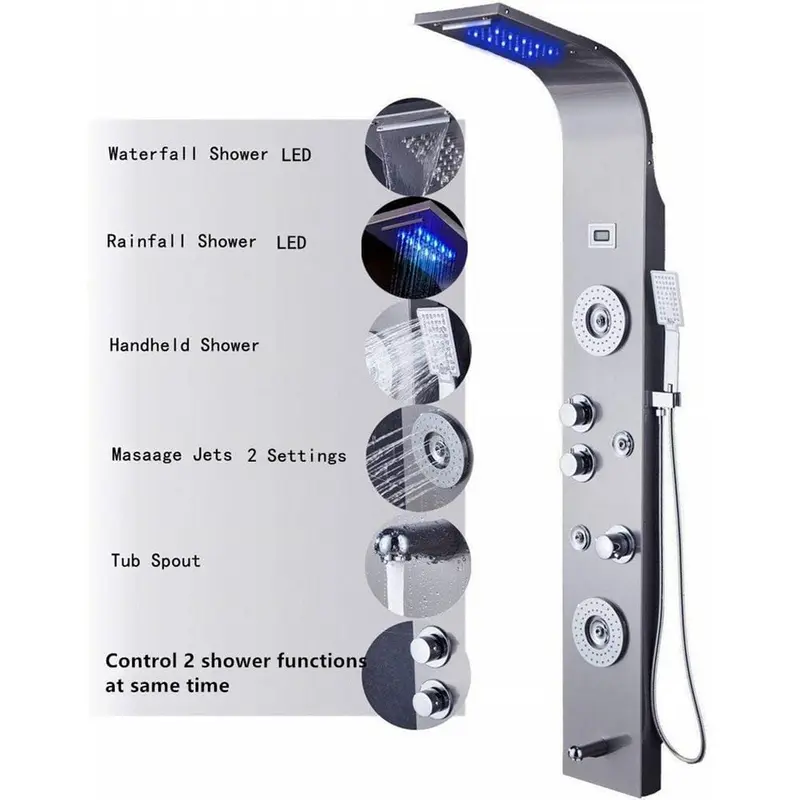 55 in. 6-Jet Shower Panel System with LED Rainfall Waterfall Shower Head Handshower and Tub Spout in Brushed Nickel10 kg / case
