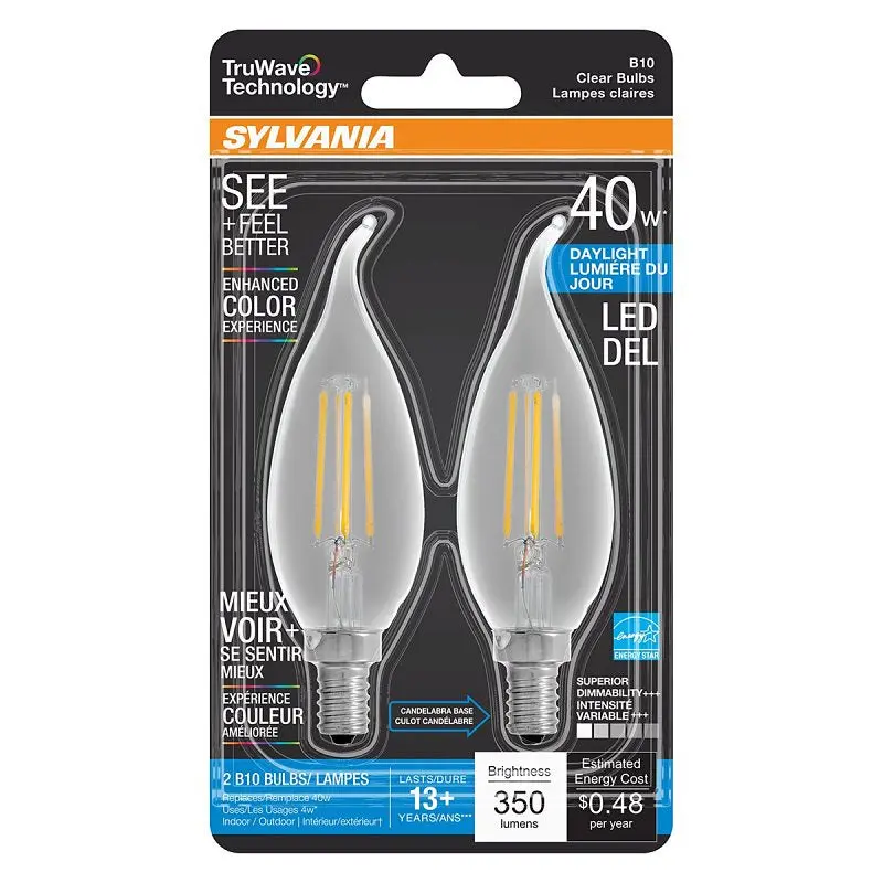 Sylvania 40791 Natural LED Bulb, Decorative, B10 Bent Tip Lamp, 40 W Equivalent, E12 Lamp Base, Dimmable, Clear