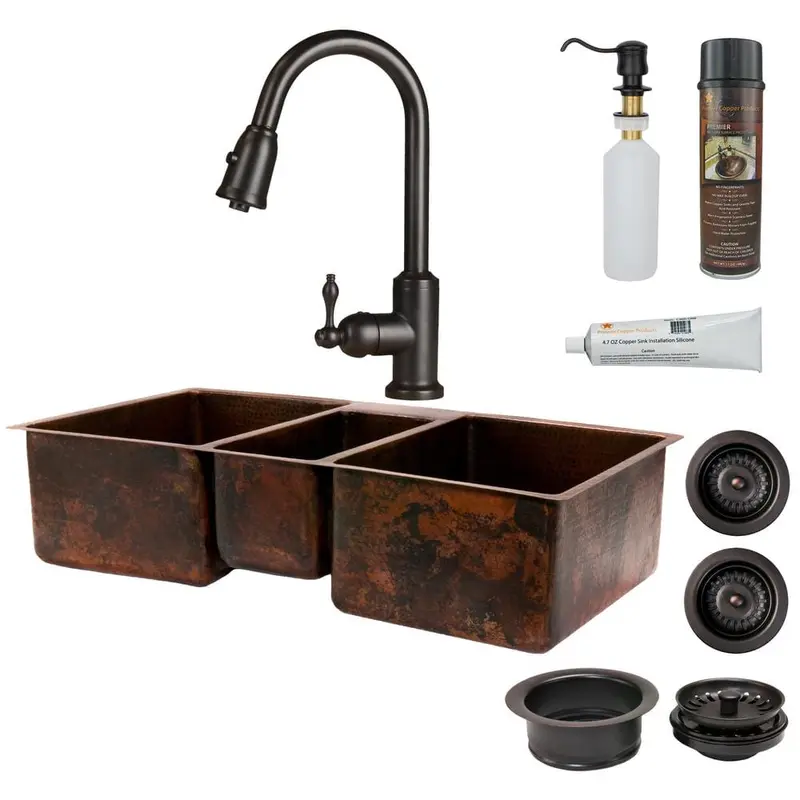 All-in-One Undermount Hammered Copper 42 in. 0-Hole Triple Bowl Kitchen Sink in Oil Rubbed Bronze102.5 / each