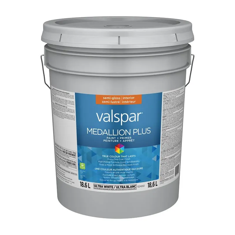 Medallion Plus 029.1024002.008 Interior Paint and Primer, Acrylic, Semi-Gloss, Ultra White, 5 gal, 37 sq-m Coverage Area