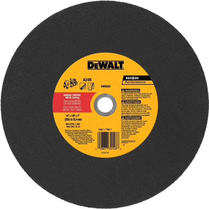 DeWALT DW8020 Cutting Wheel, 14 in Dia, 1/8 in Thick, 1 in Arbor, Aluminum Oxide Abrasive