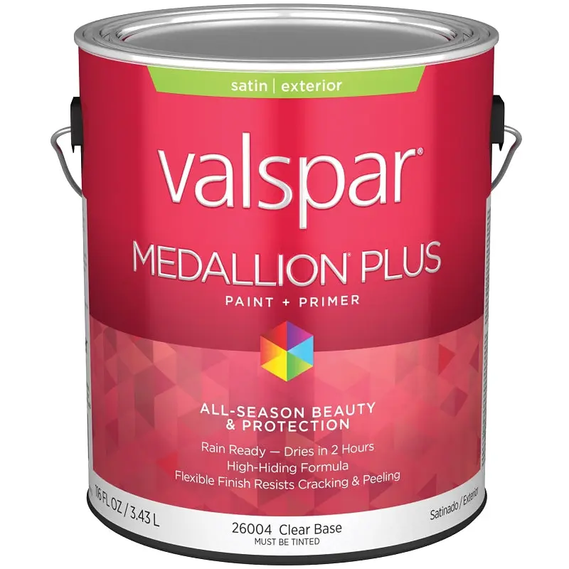 Valspar Medallion Plus 2600 028.0026004.007 Latex Paint, Acrylic Base, Satin Sheen, Clear Base, 1 gal, Plastic Can