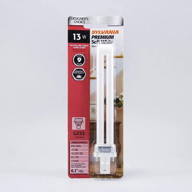 Sylvania 20491 Compact Fluorescent Bulb, 13 W, T4 Lamp, GX23 Lamp Base, 820 Lumens, 2700 K Color Temp, Soft White Light
