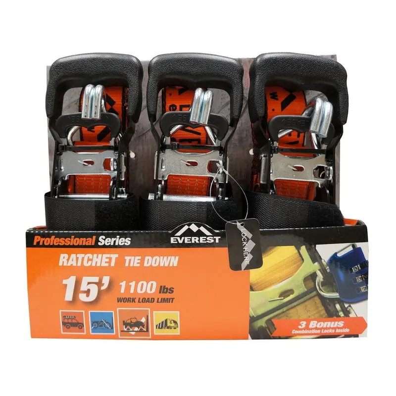 Anti-Theft 1.5 in. x 15 ft. Premium Tie-Down Straps (3-Pack) Locking Handle, Built-In Soft Tie Loop and Velcro Strap