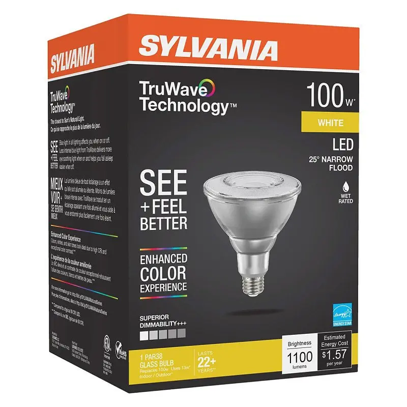 Sylvania 40899 Natural LED Bulb, Spotlight, PAR38 Lamp, E26 Lamp Base, Dimmable, Clear, Cool White Light