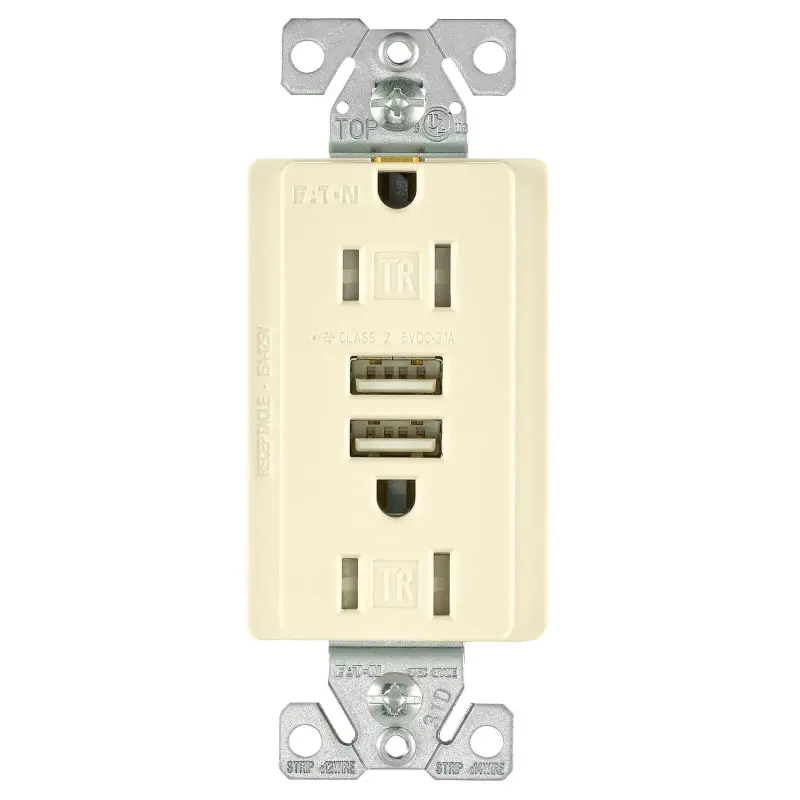 Arrow Hart TR7755LA-K Combination USB Receptacle, 2 -Pole, 3.1 A USB, 15 A Receptacle, 125 VAC Receptacle, 5 VDC USB