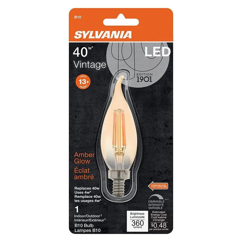 Sylvania 79582 Ultra Vintage LED Lamp, Decorative, B10 Lamp, 40 W Equivalent, E12 Lamp Base, Dimmable, Clear