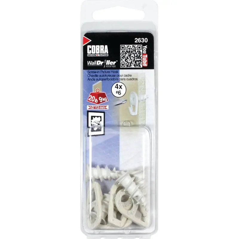 Cobra Anchors 2630 Picture Hook, 20 lb, Nylon, White, #6 Opening