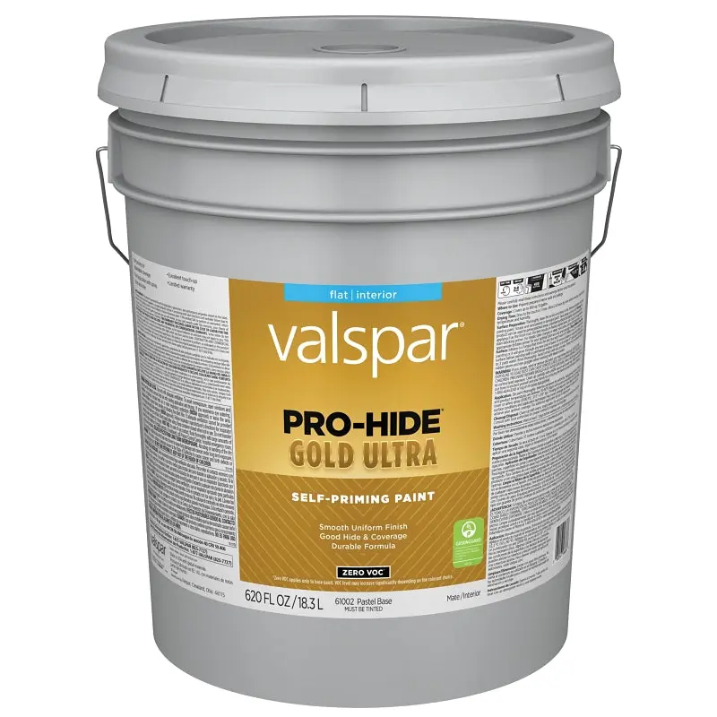 Valspar Pro-Hide Gold Ultra 6100 028.0061002.008 Latex Paint, Acrylic Base, Flat Sheen, Pastel Base, 5 gal