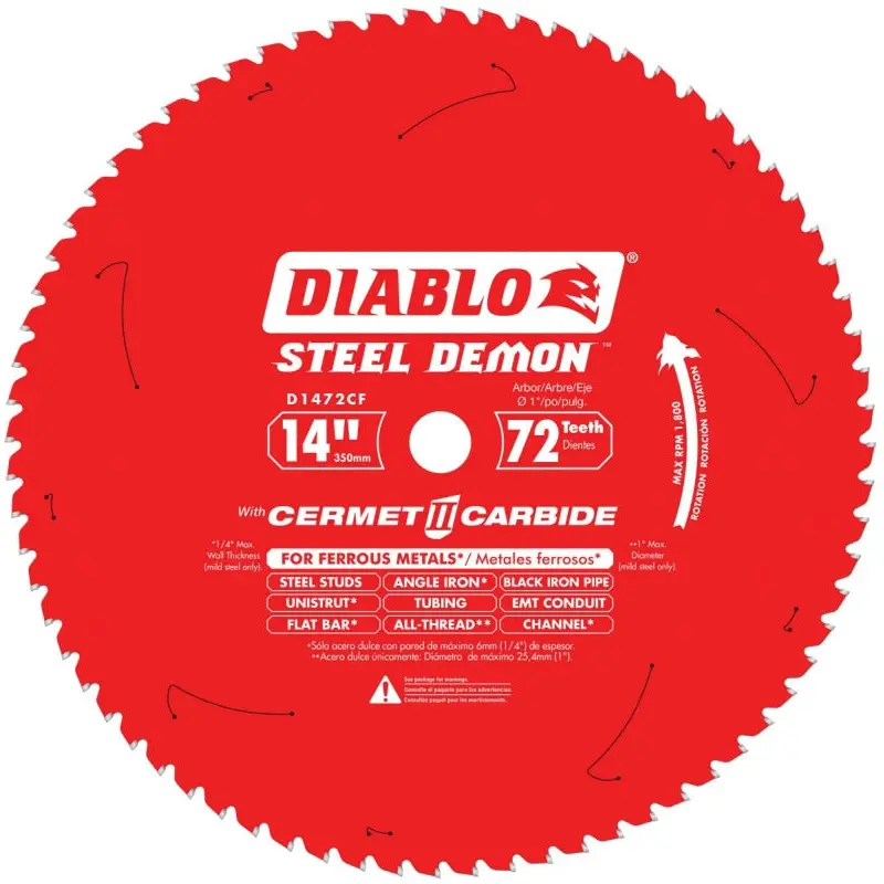 Diablo D1472CF Circular Saw Blade, 14 in Dia, 1 in Arbor, 72-Teeth, Cermet Cutting Edge