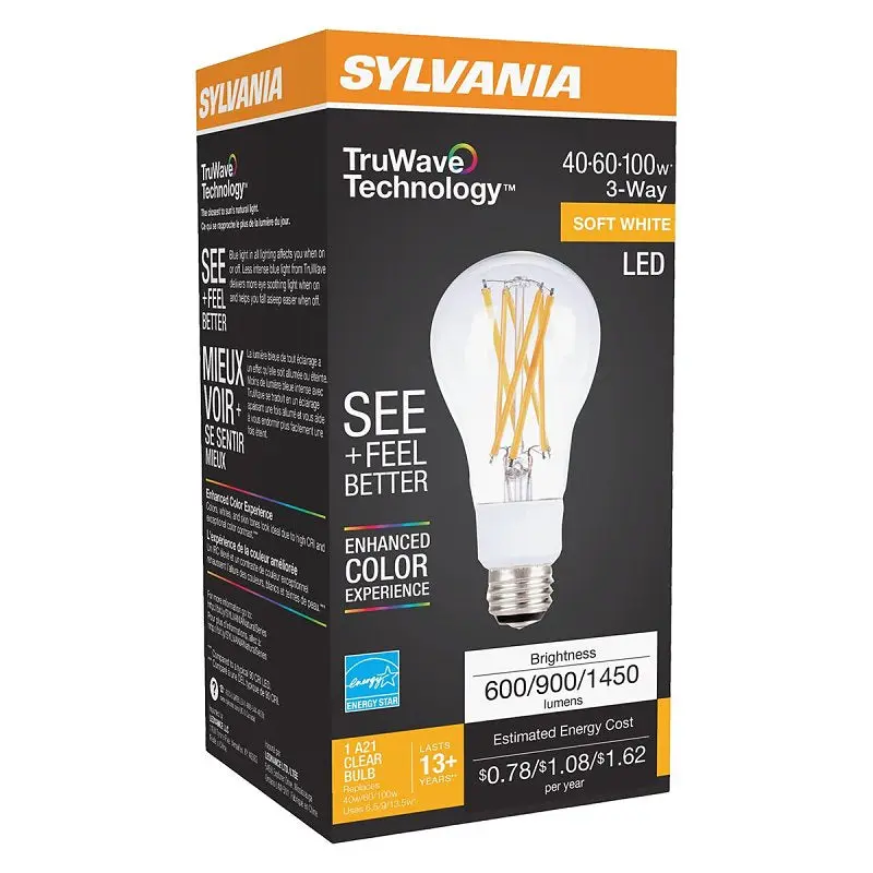 Sylvania 40769 Natural LED Bulb, 3-Way, A21 Lamp, 100 W Equivalent, E26 Lamp Base, Dimmable, Clear, Soft White Light