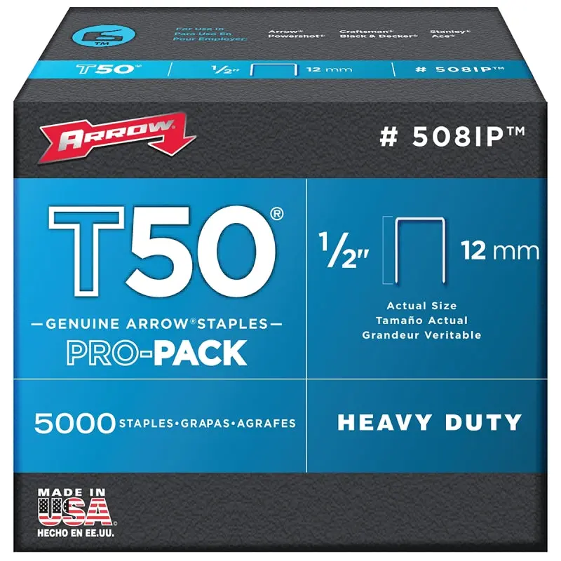 Arrow T50 Series 508IP Staple, 3/8 in W Crown, 1/2 in L Leg