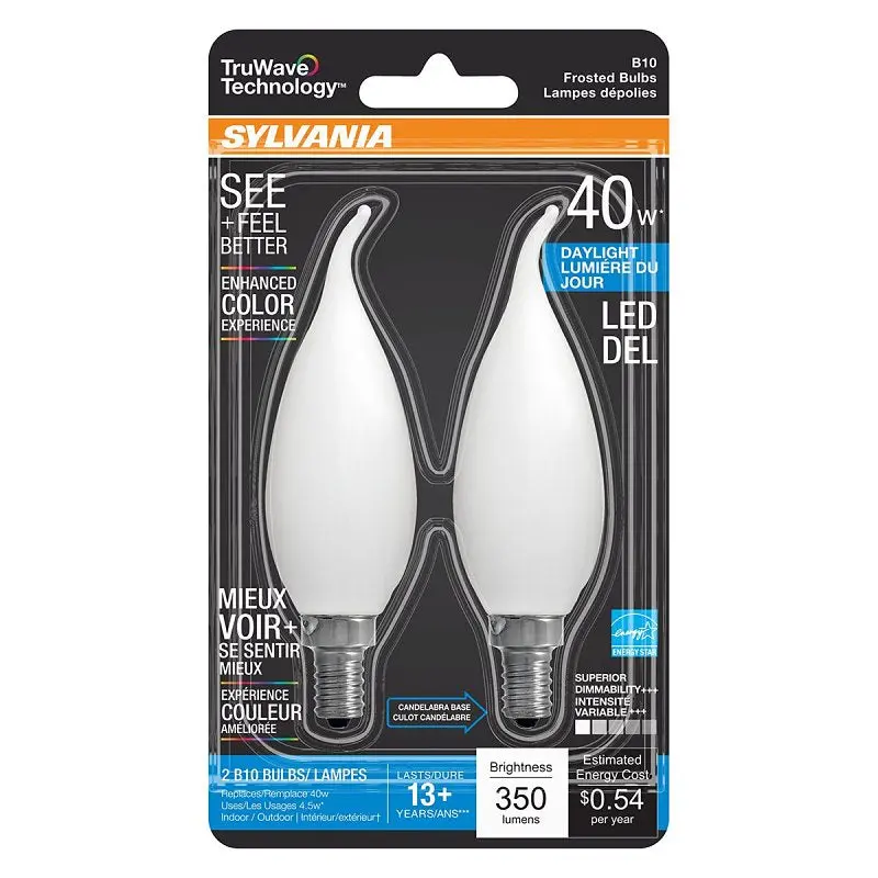 Sylvania 40780 Natural LED Bulb, Decorative, B10 Bent Tip Lamp, 40 W Equivalent, E12 Lamp Base, Dimmable, Frosted