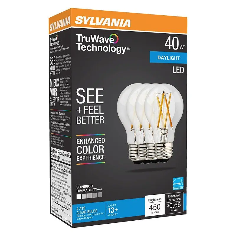 Sylvania 49826 Natural LED Bulb, General Purpose, A19 Lamp, 40 W Equivalent, E26 Lamp Base, Dimmable, Clear