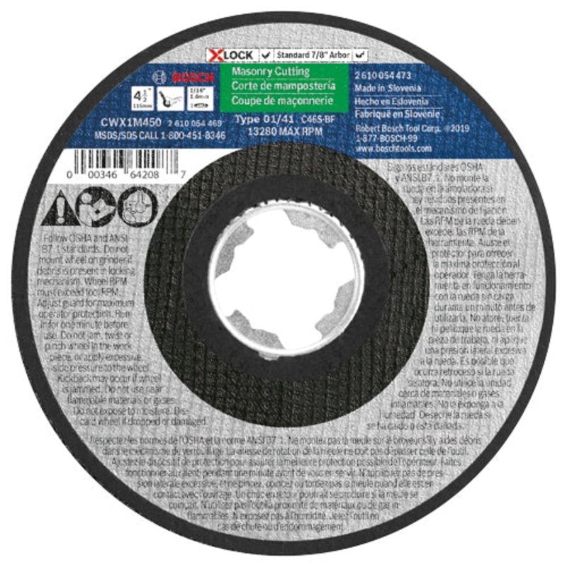 BOSCH CWX1M450 Small Angle Grinder Wheel, Type 1A Wheel, 4-1/2 in Dia, 1/16 in Thick, 7/8 in Arbor, 46 Grit