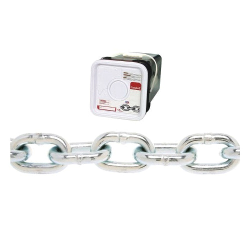 CAMPBELL 0143326 Proof Coil Chain, 3/16 in Trade, 150 ft L, 800 lb Load, 30 Grade, Carbon Steel, Zinc-Plated