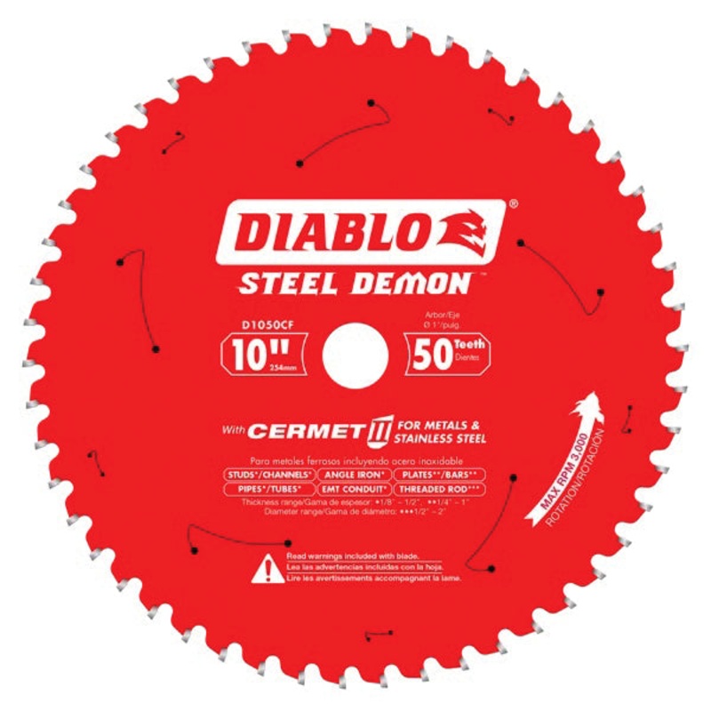 DIABLO Steel Demon D1050CF Saw Blade, 10 in Dia, TCG Teeth, 50-Teeth, 0 deg Hook, 1 in Arbor, 3000 rpm Max Speed